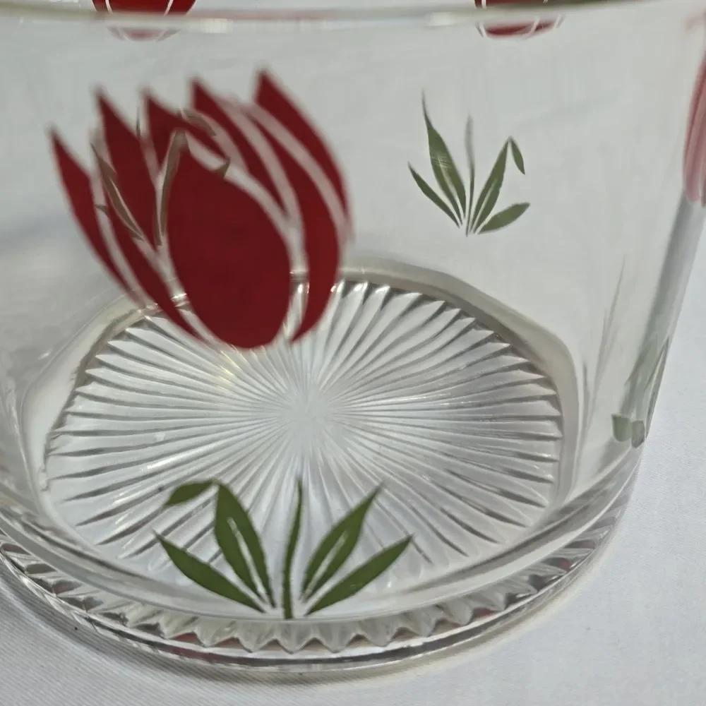 Hazel Atlas Clear Glass Ice Bucket with RED Tulip Deco - flaws HTF vtg 70s